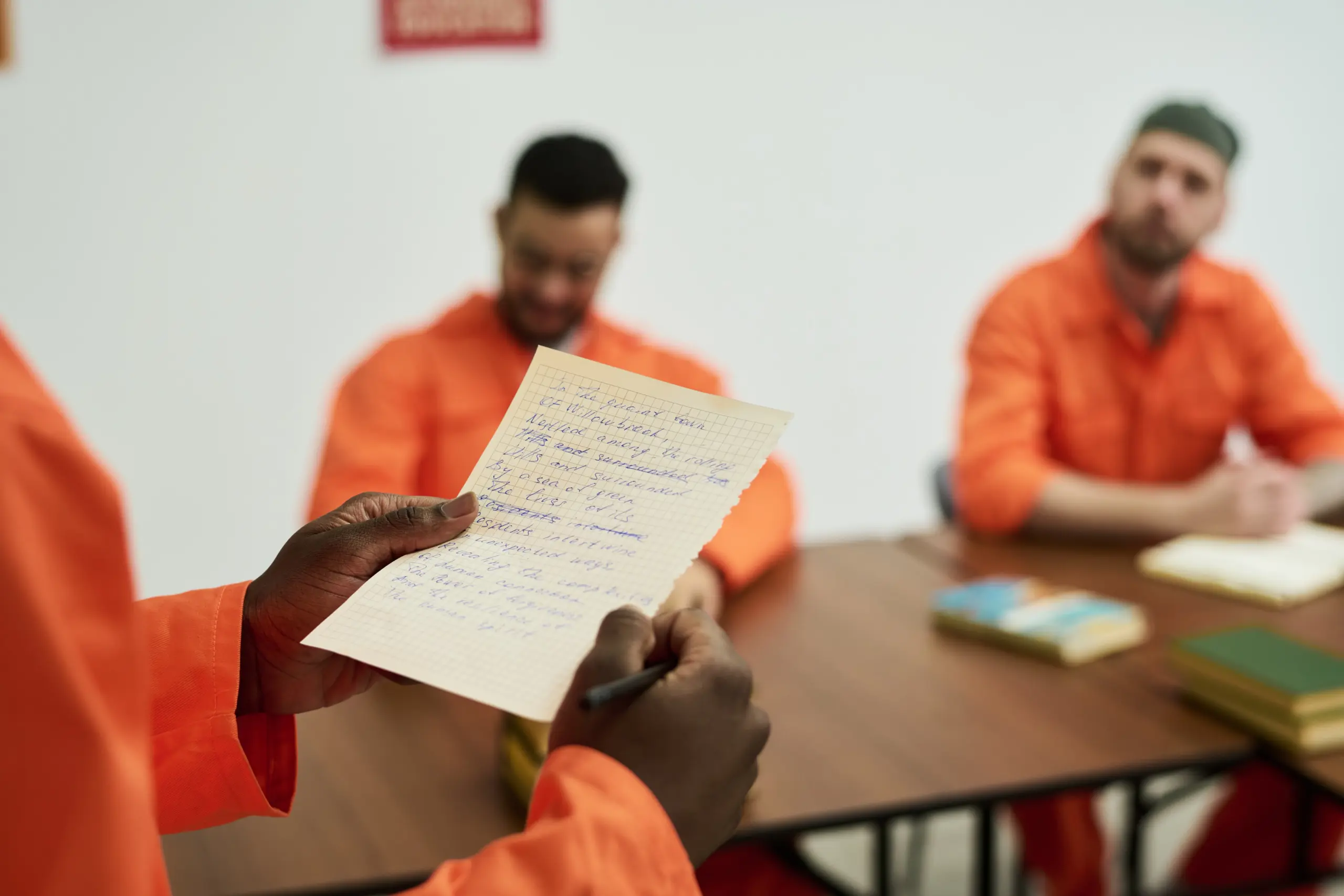 Black man holding handwritten letter standing in foreground while two men in orange uniforms sitting at table in background listening attentively during group activity